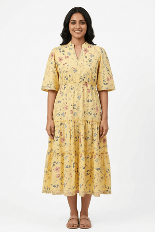 Red Rose yellow floral print pure cotton tiered midi dress with gota work, full length front view