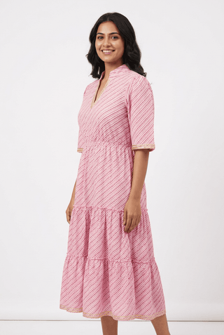 Red Rose rose pink diagonal stripe pure cotton tiered midi dress with gota work, side view showing the three tiers