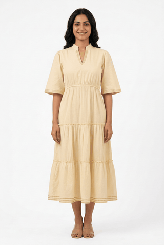 Red Rose beige pure cotton tiered midi dress with gota work, full length front view