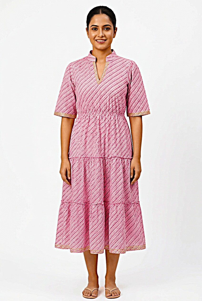 Red Rose rose pink diagonal stripe pure cotton tiered midi dress with gota work, full length front view