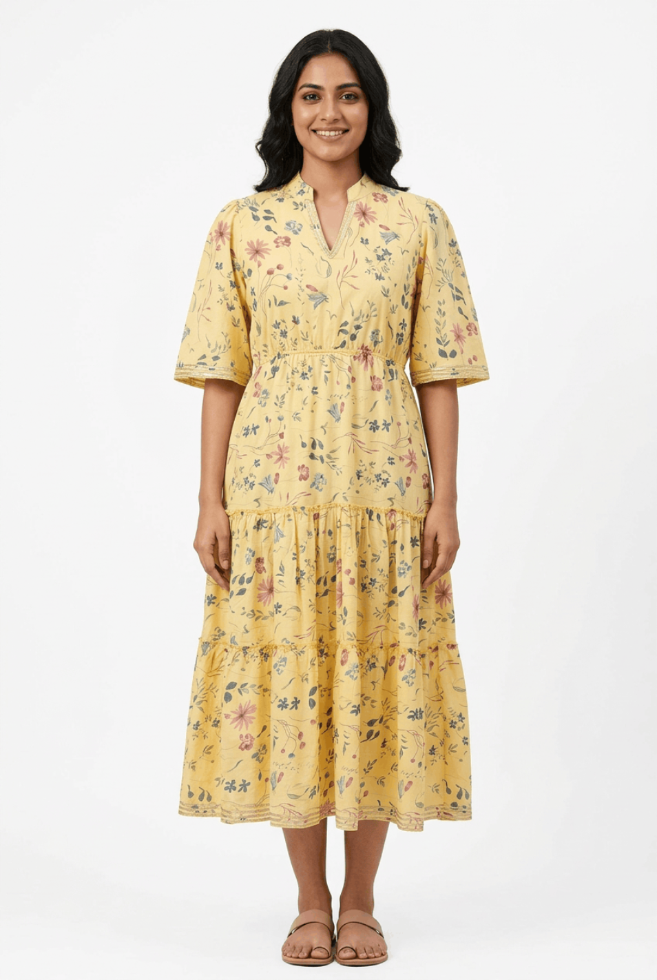 Red Rose yellow floral print pure cotton tiered midi dress with gota work, full length front view