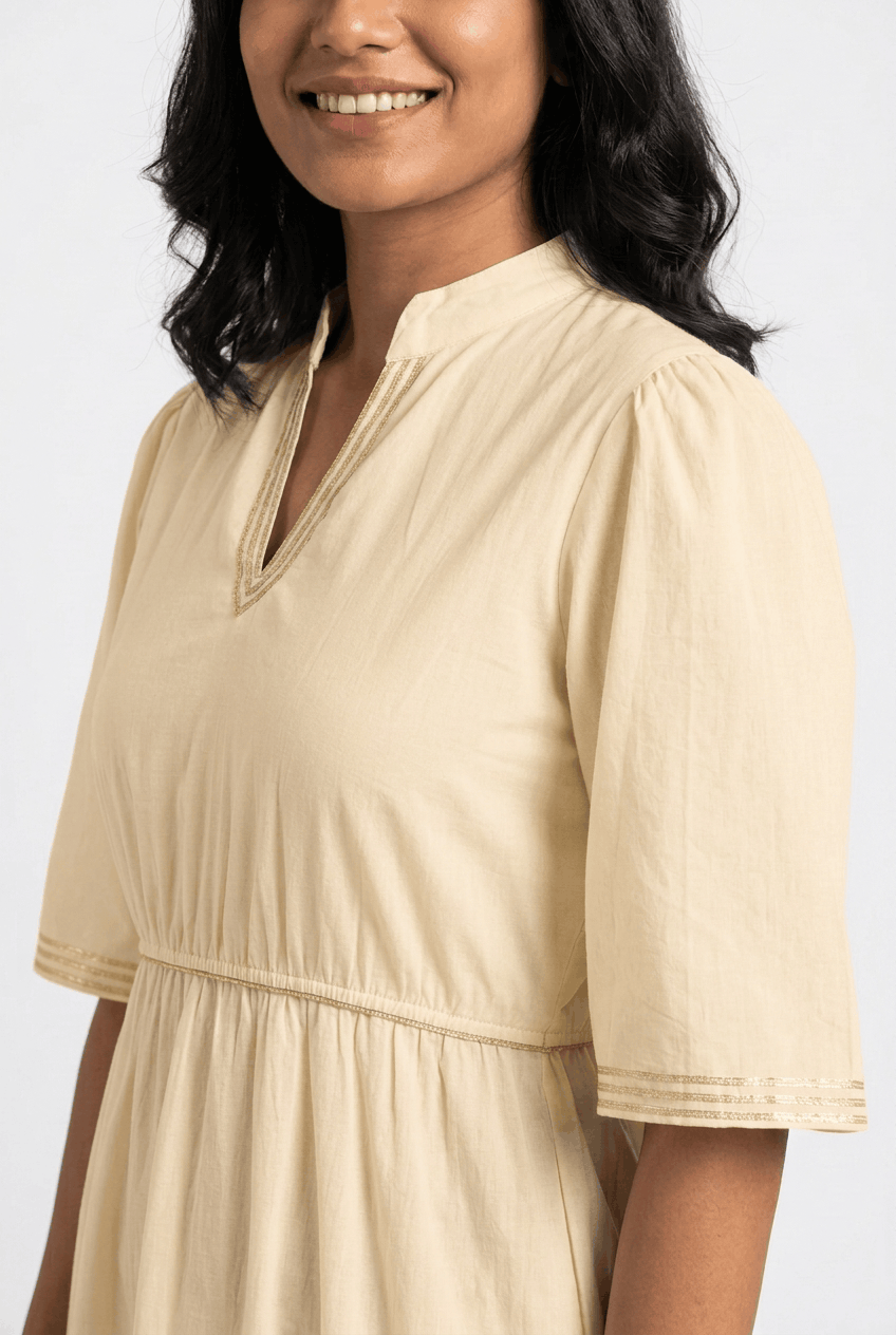 Red Rose beige pure cotton tiered midi dress with gota work, close-up of the mandarin collar, notched V neckline and gota trim