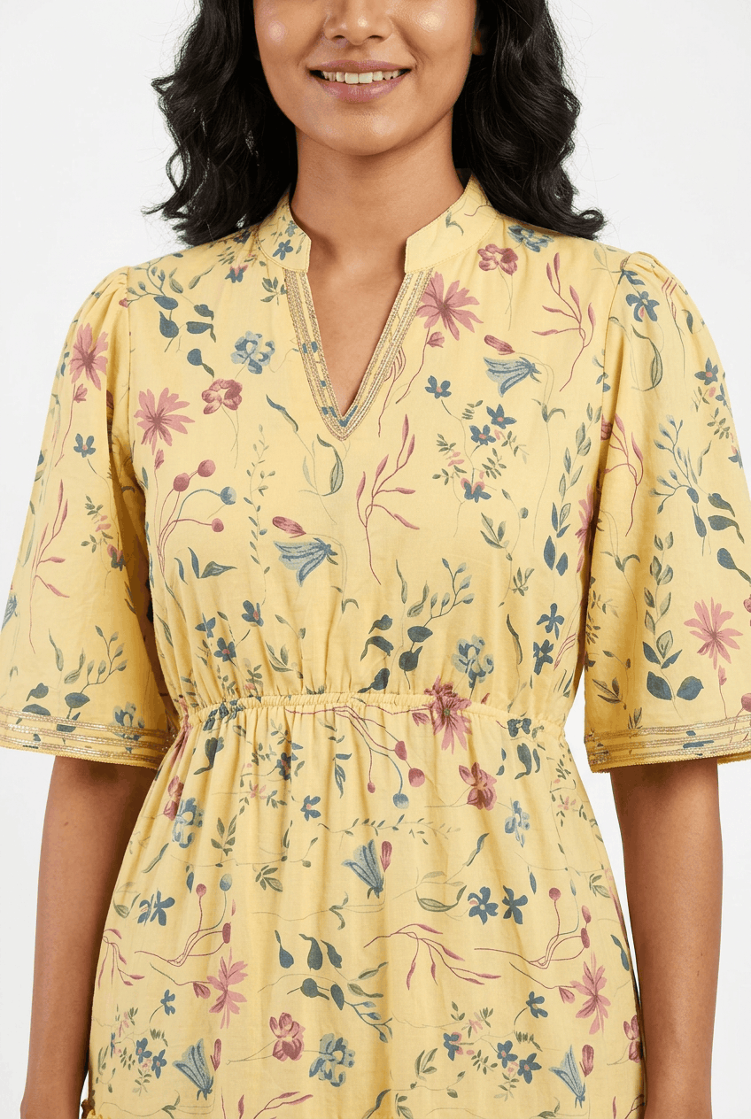 Red Rose yellow floral print pure cotton tiered midi dress with gota work, close-up of the mandarin collar, notched V neckline and gota trim