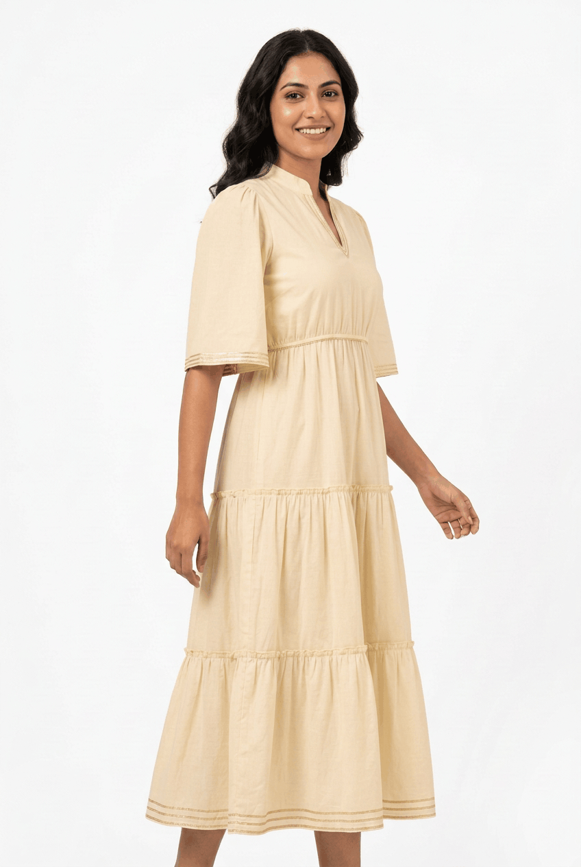 Red Rose beige pure cotton tiered midi dress with gota work, side view showing the three tiers
