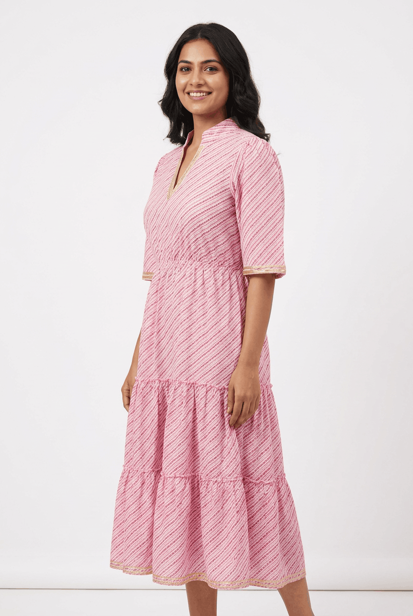 Red Rose rose pink diagonal stripe pure cotton tiered midi dress with gota work, side view showing the three tiers