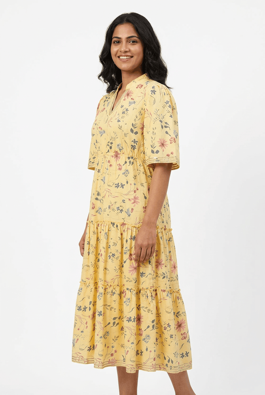 Red Rose yellow floral print pure cotton tiered midi dress with gota work, side view showing the three tiers