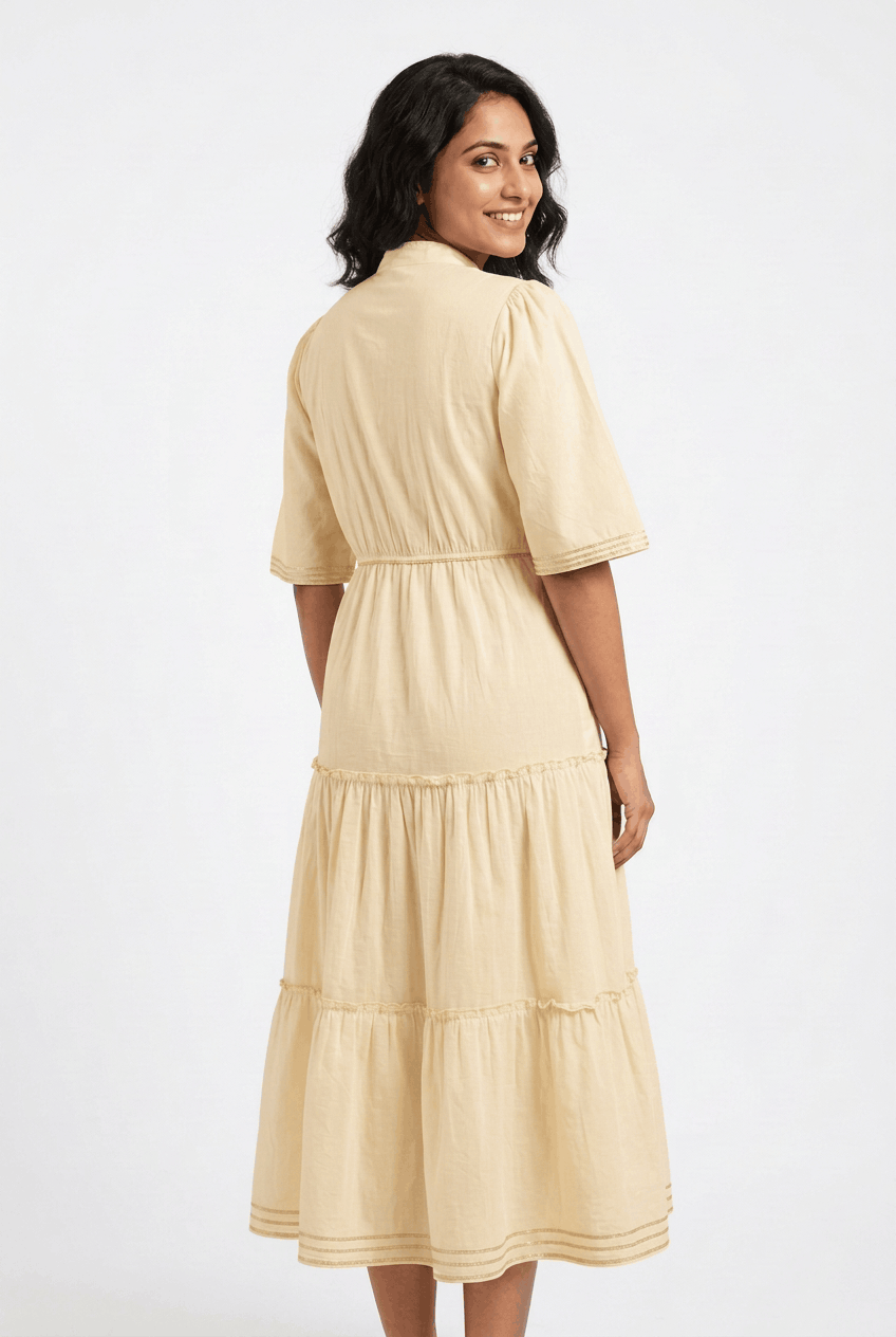 Red Rose beige pure cotton tiered midi dress with gota work, back view