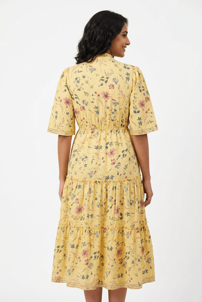 Red Rose yellow floral print pure cotton tiered midi dress with gota work, back view