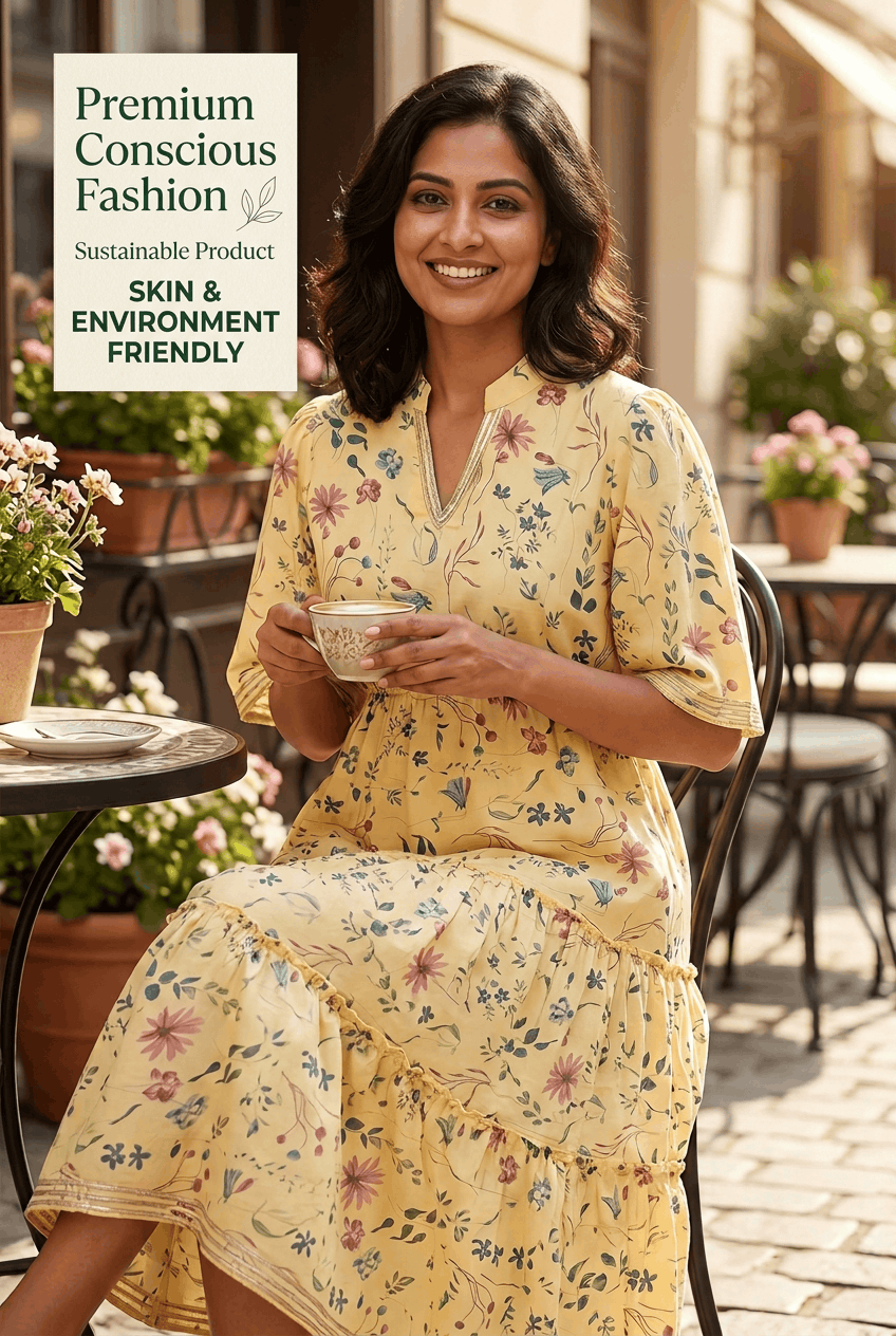 Red Rose yellow floral print pure cotton tiered midi dress with gota work, worn at a cafe table