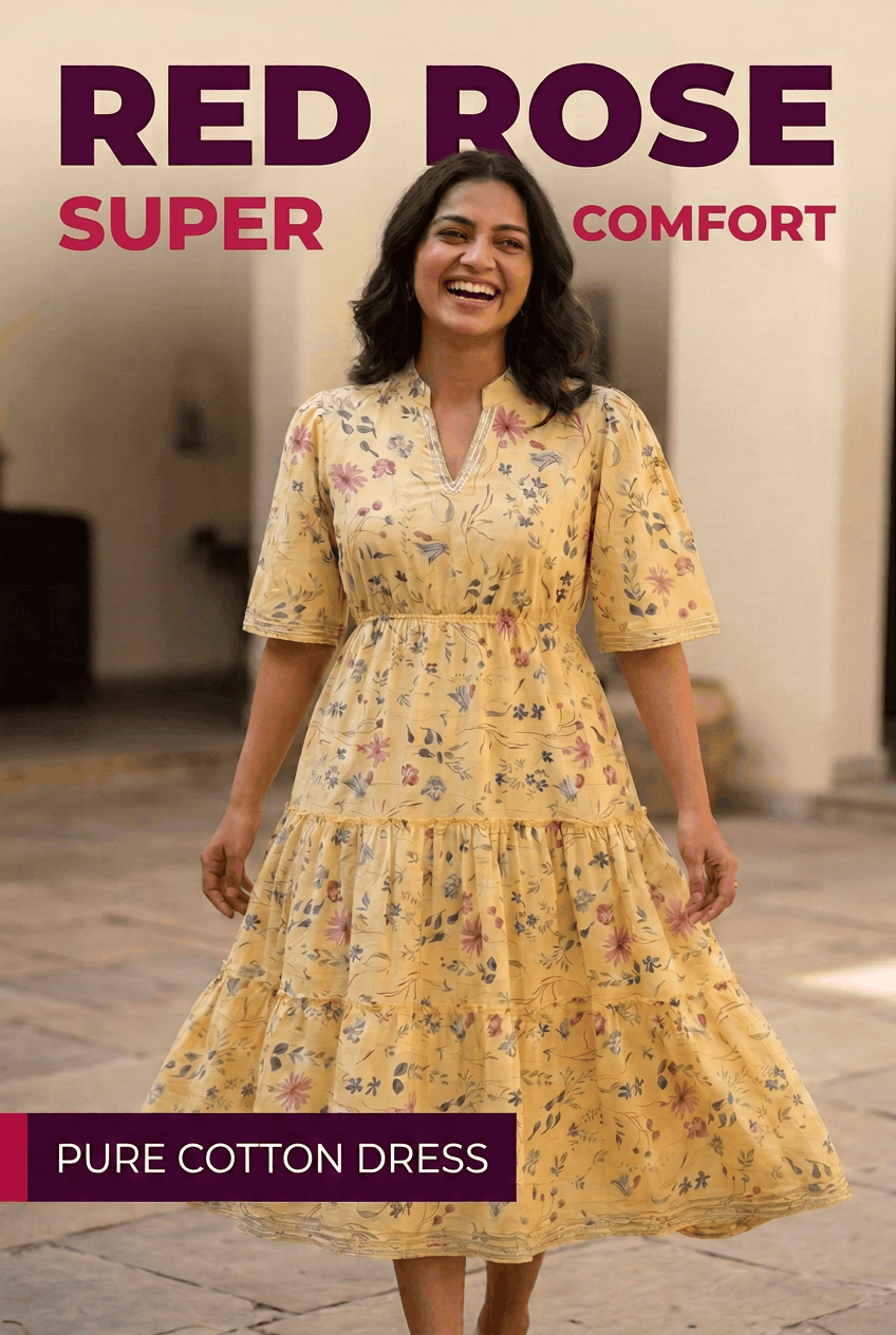 Red Rose yellow floral print pure cotton tiered midi dress with gota work, Super Comfort pure cotton dress banner