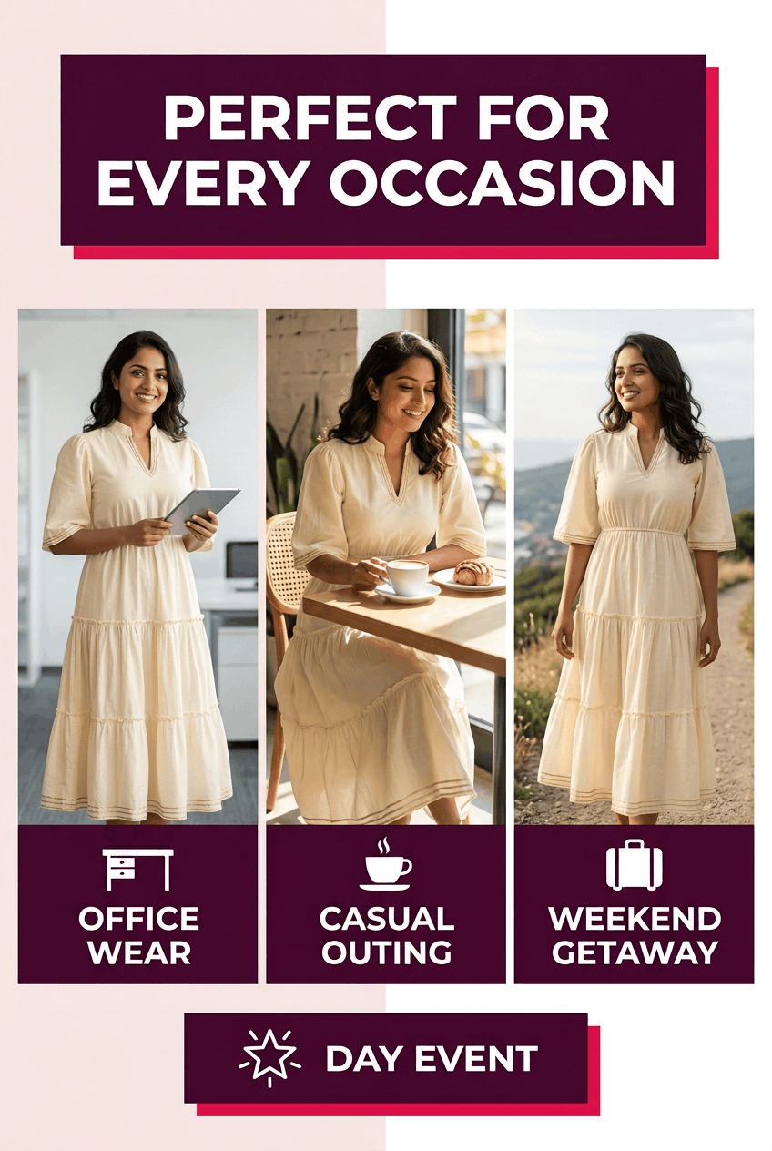 Red Rose beige pure cotton tiered midi dress with gota work, styled for office wear, casual outings, weekend getaways and day events