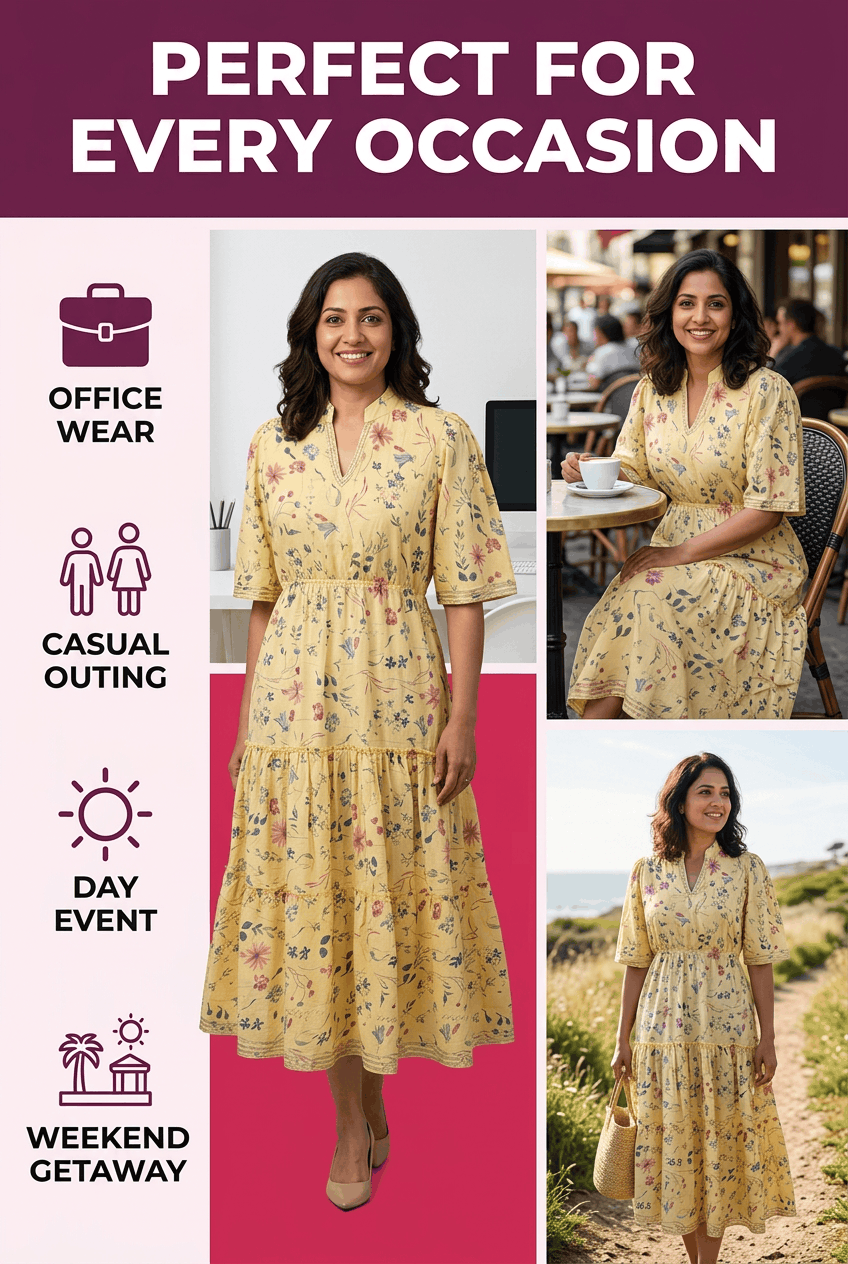 Red Rose yellow floral print pure cotton tiered midi dress with gota work, styled for office wear, casual outings, weekend getaways and day events