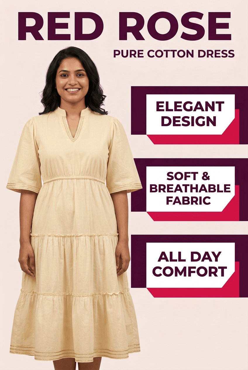 Red Rose beige pure cotton tiered midi dress with gota work, feature banner: elegant design, soft breathable fabric, all day comfort