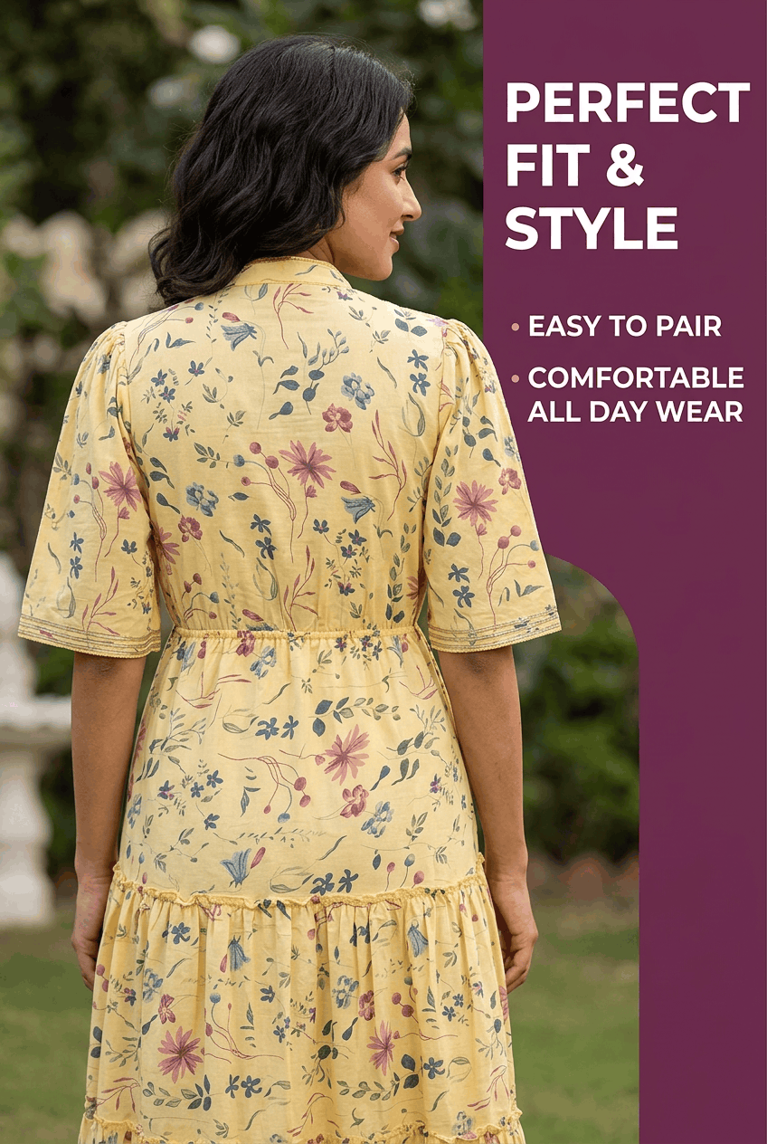 Red Rose yellow floral print pure cotton tiered midi dress with gota work, back view banner, easy to pair, comfortable all day wear