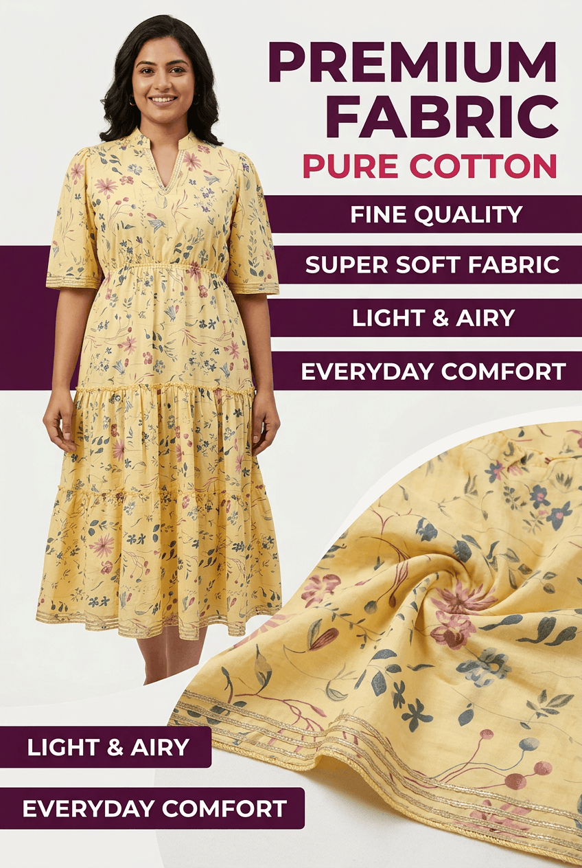 Red Rose yellow floral print pure cotton tiered midi dress with gota work, close-up of the pure cotton fabric and gota trim
