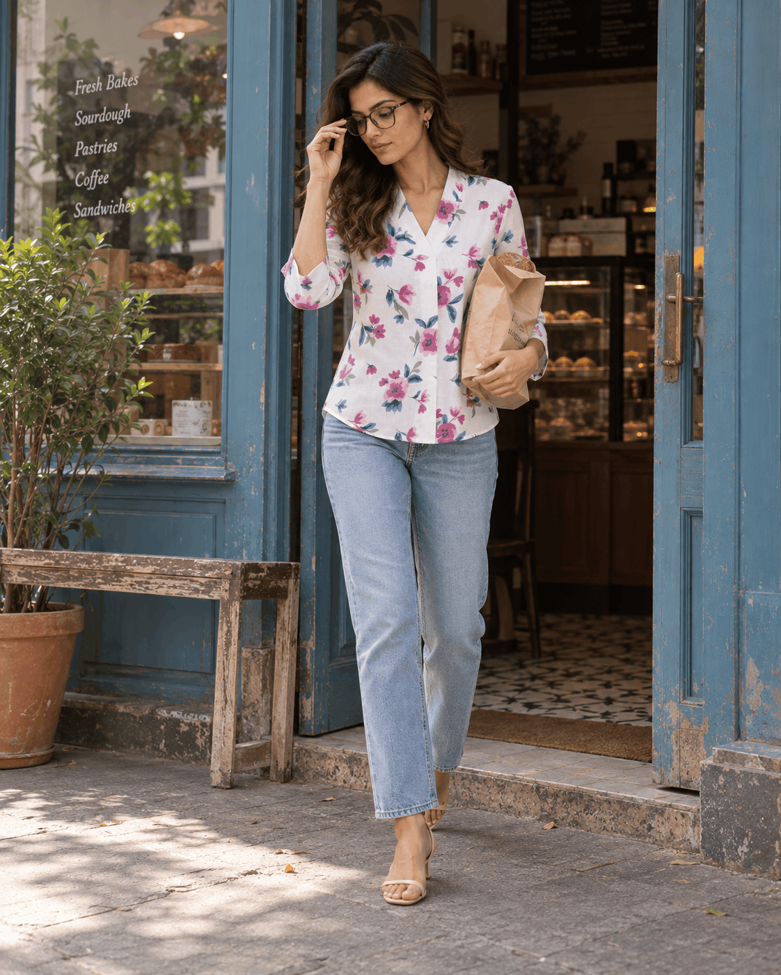 Enchanted Bloom White Floral Cotton V-Neck Top