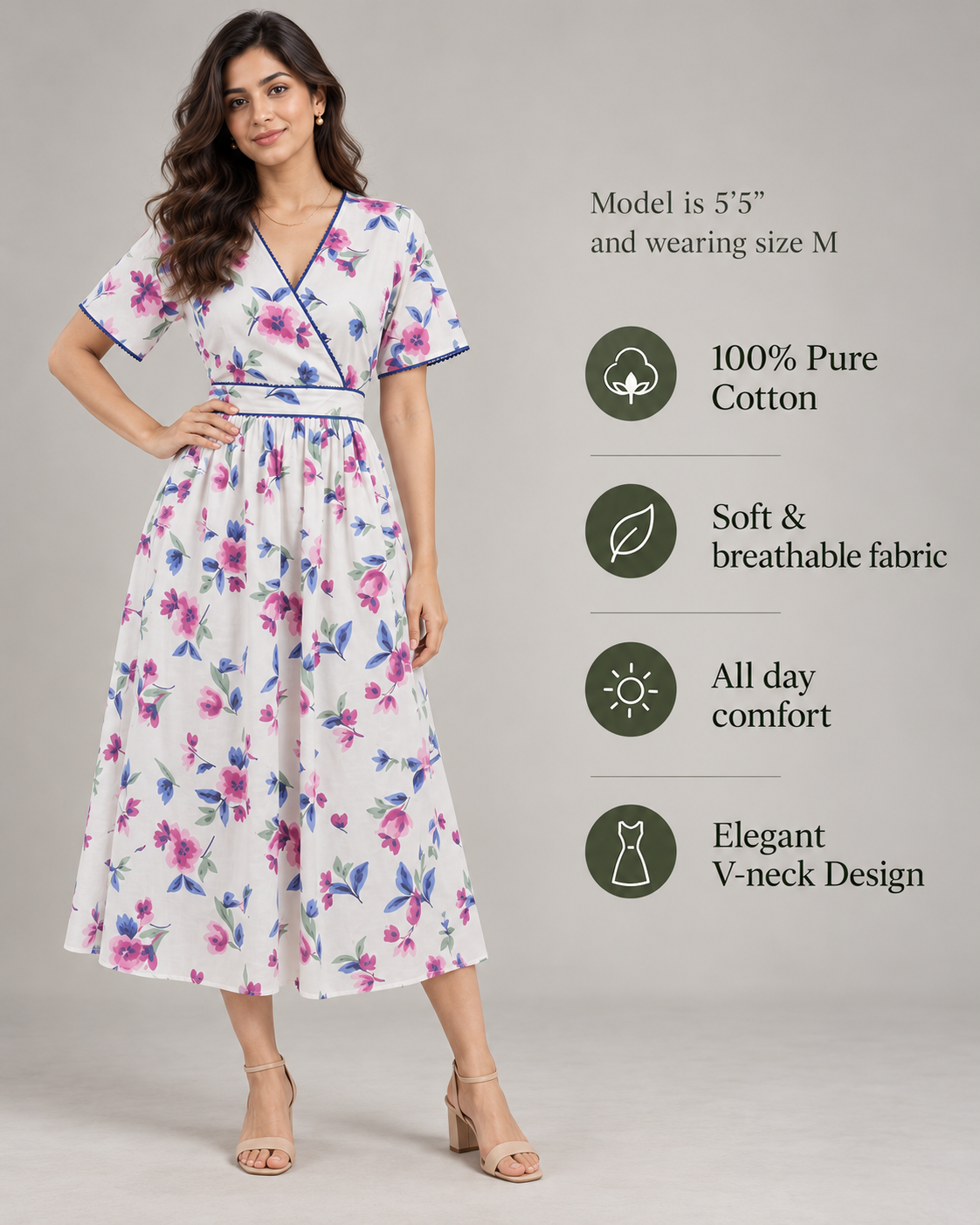 Enchanted Bloom White Floral Cotton Wrap Midi Dress