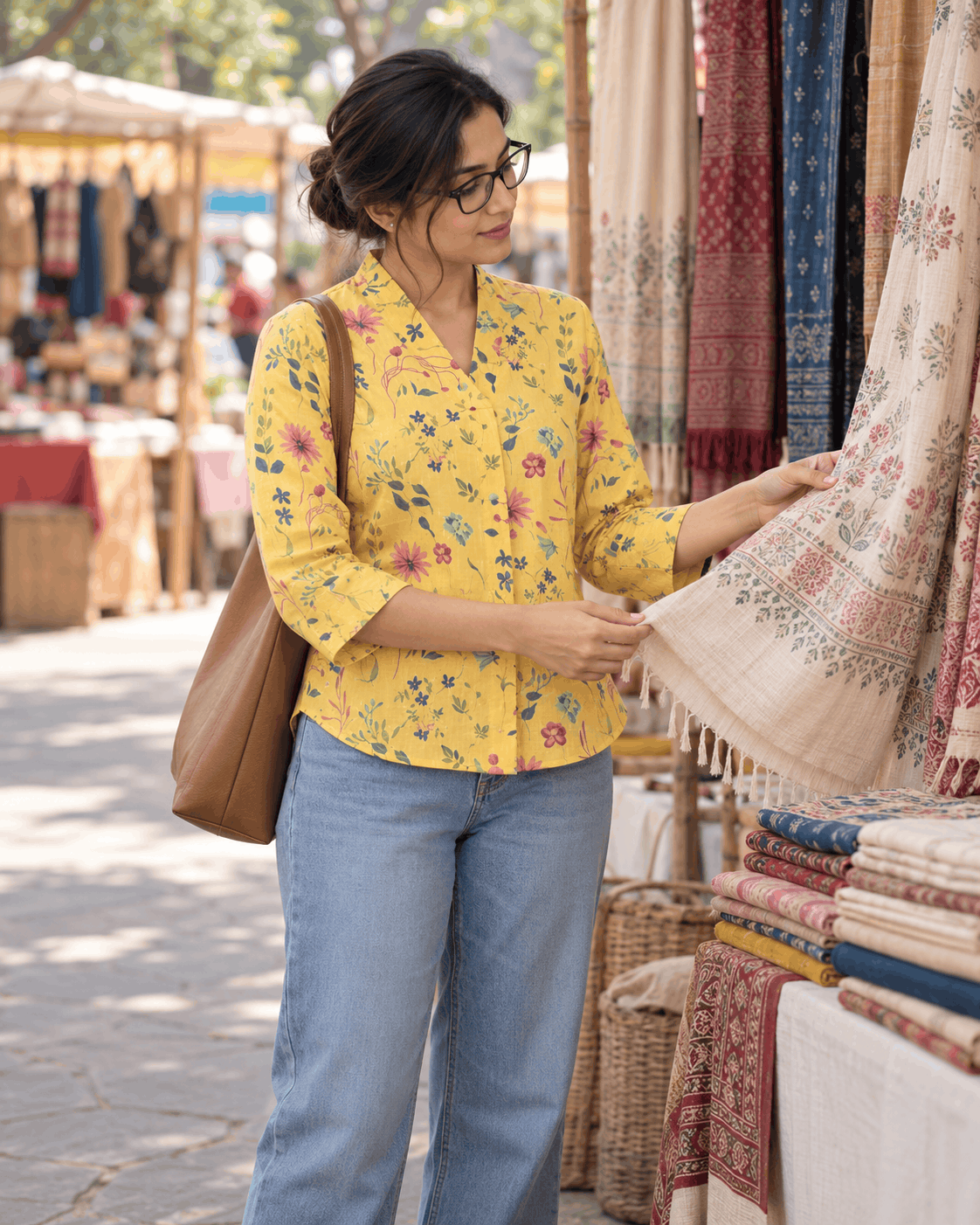 Marigold Meadow Yellow Floral Cotton V-Neck Top