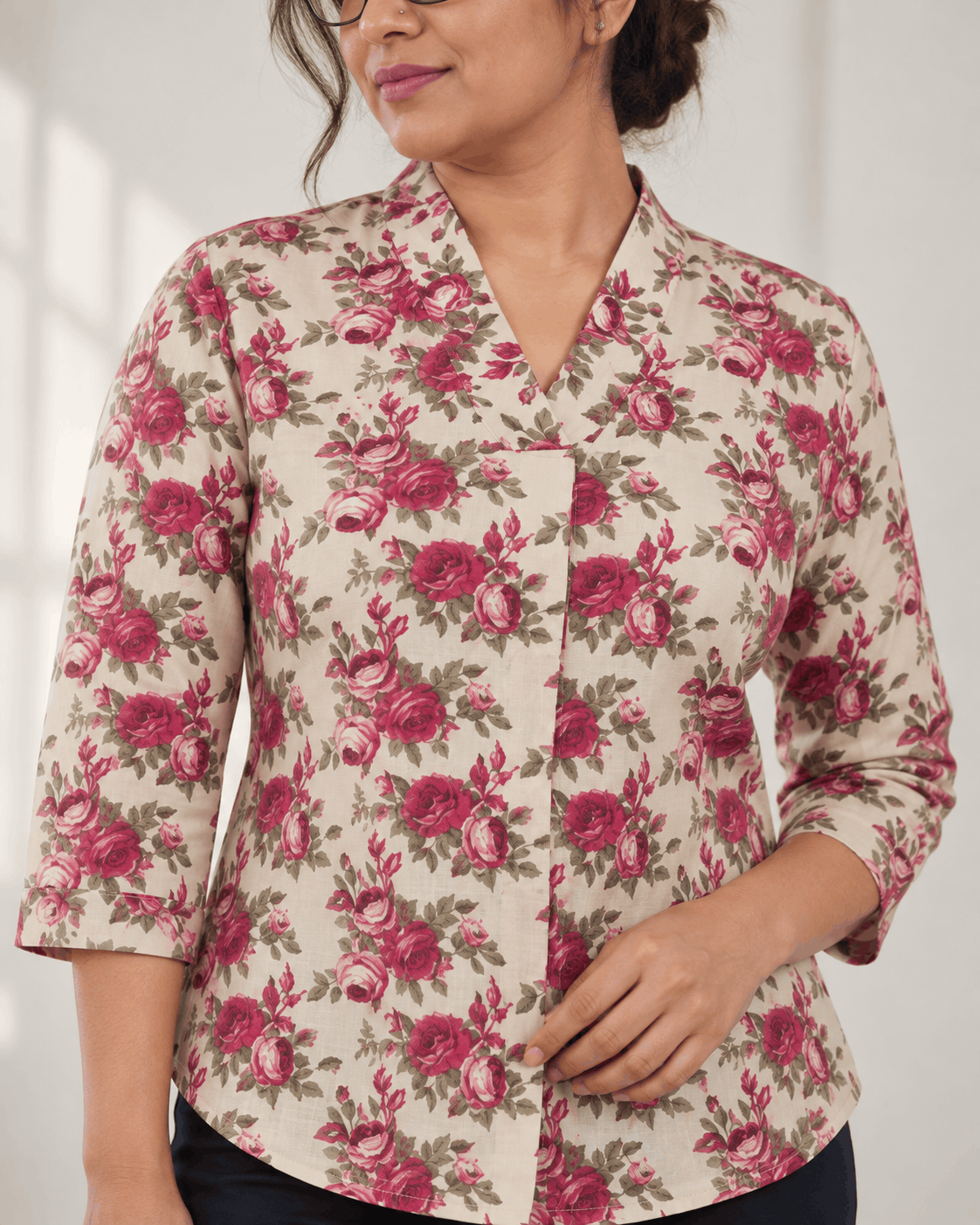 Vintage Rose Beige Floral Cotton V-Neck Top