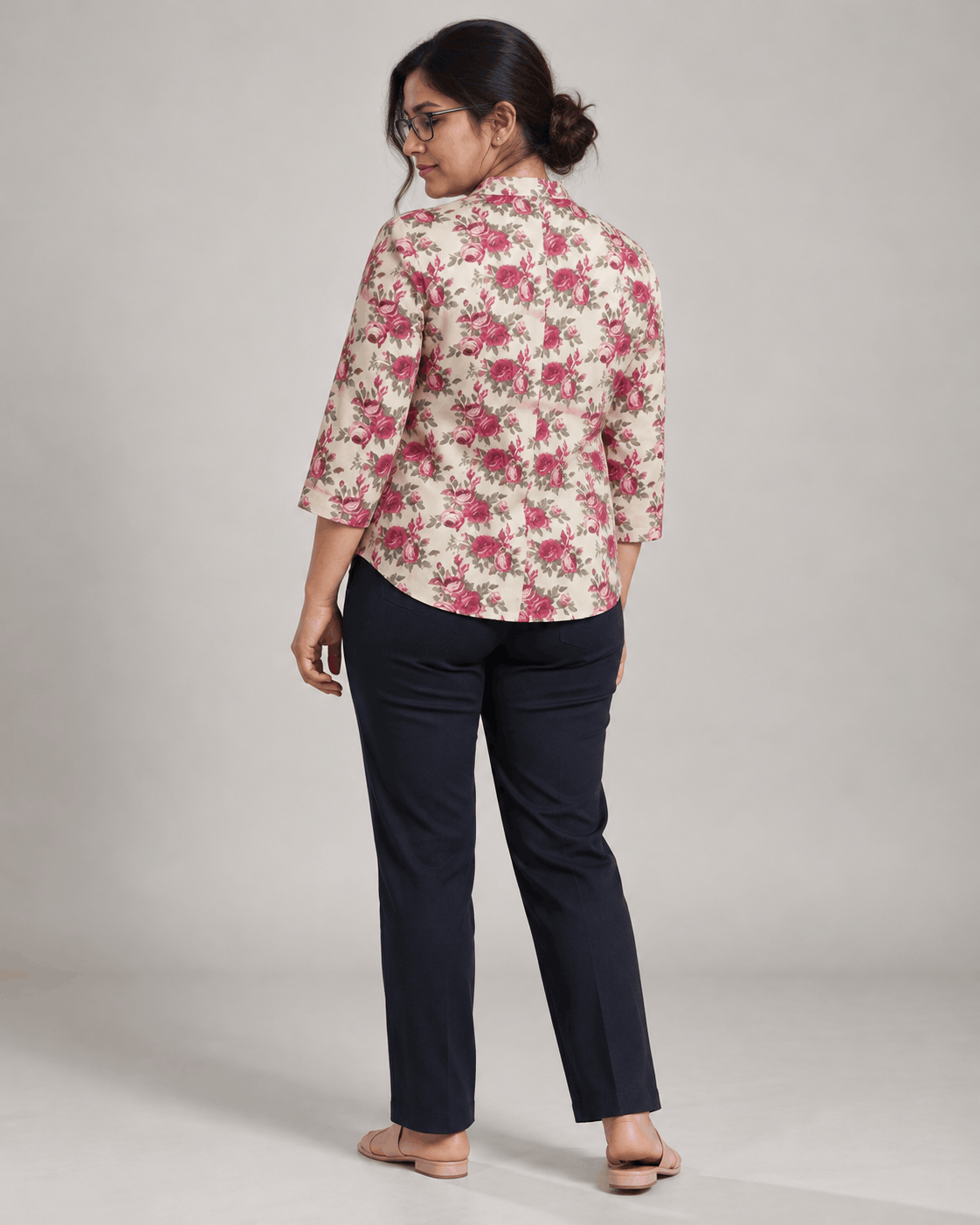 Vintage Rose Beige Floral Cotton V-Neck Top