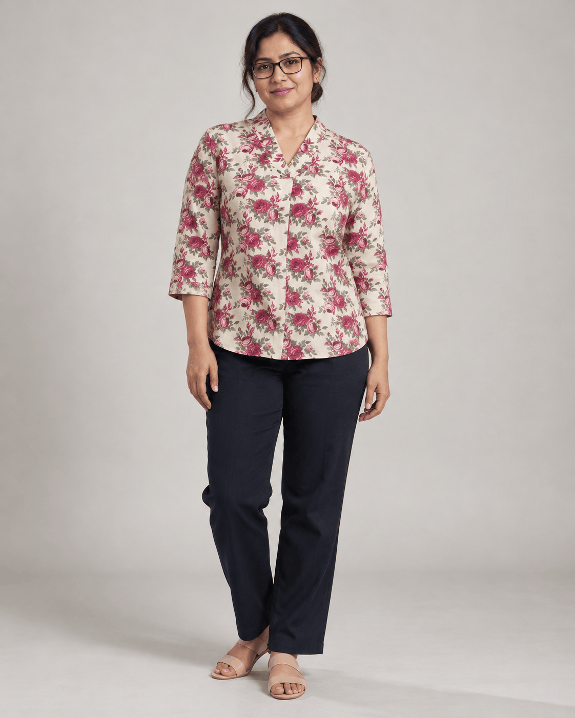 Vintage Rose Beige Floral Cotton V-Neck Top