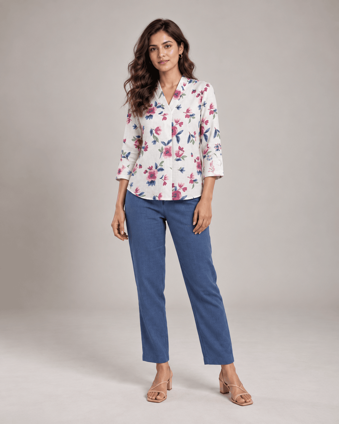 Enchanted Bloom White Floral Cotton V-Neck Top
