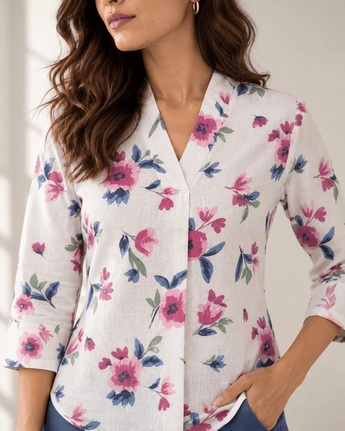 Enchanted Bloom White Floral Cotton V-Neck Top