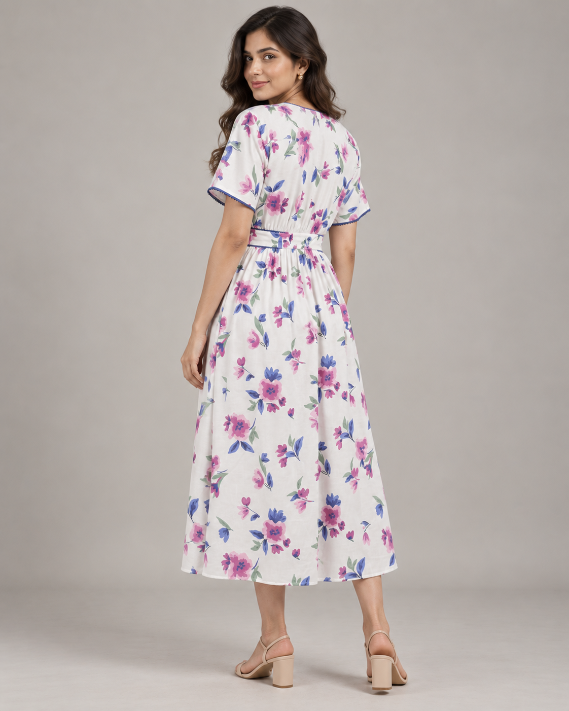 Enchanted Bloom White Floral Cotton Wrap Midi Dress