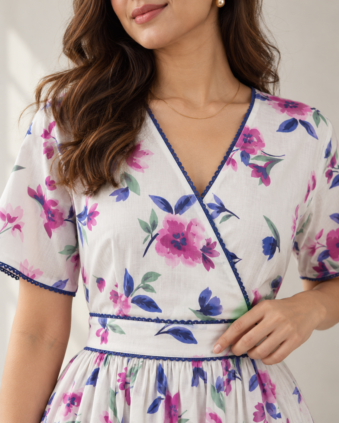Enchanted Bloom White Floral Cotton Wrap Midi Dress