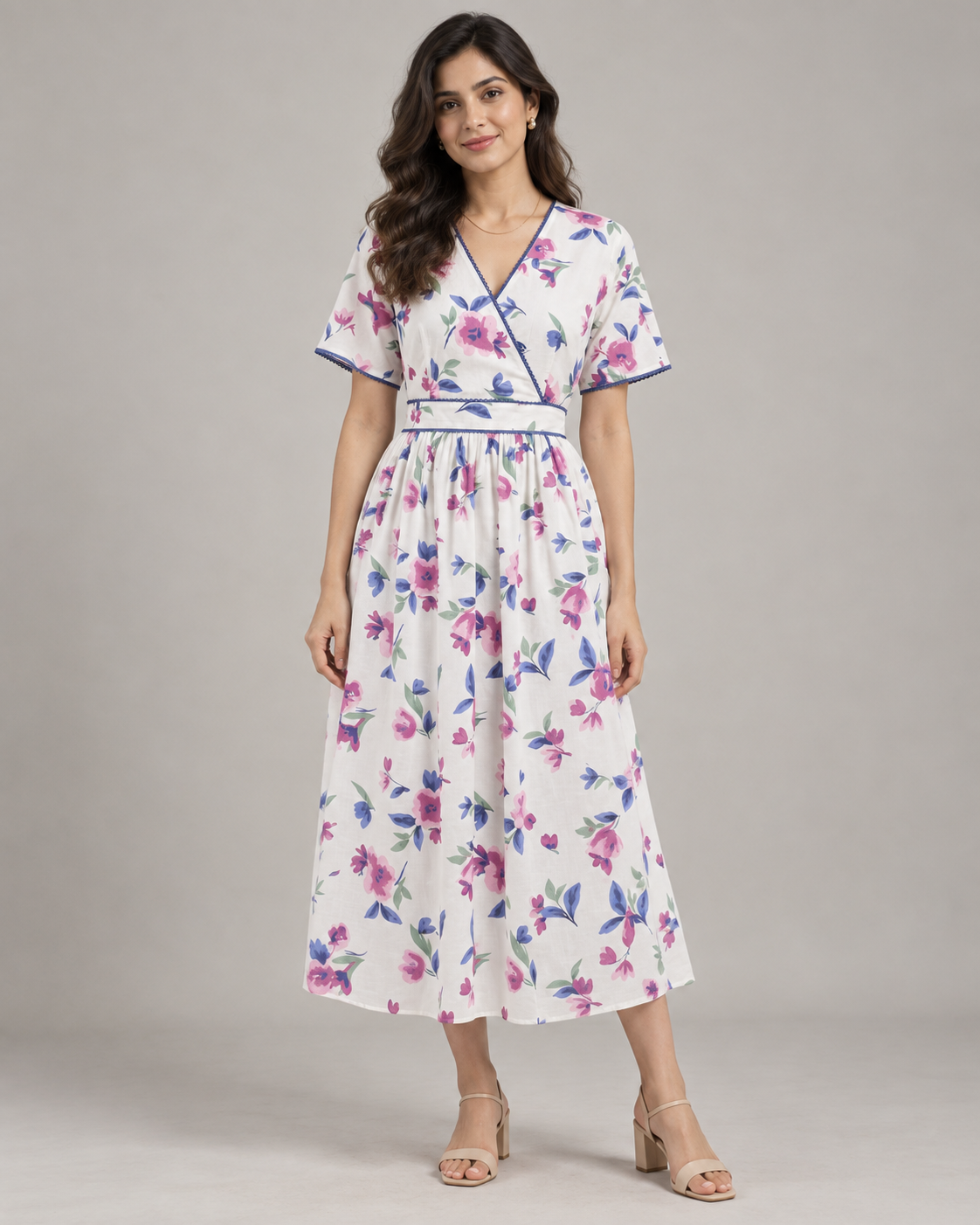 Enchanted Bloom White Floral Cotton Wrap Midi Dress