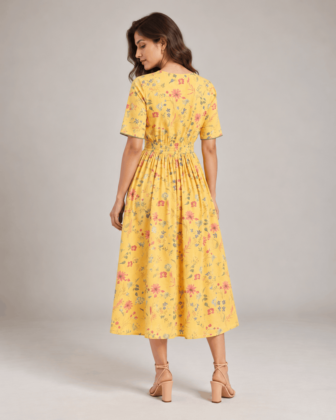 Marigold Meadow Yellow Floral Cotton Wrap Midi Dress