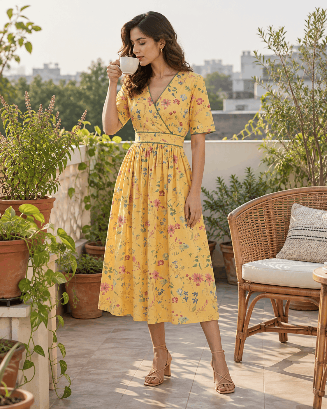 Woman in yellow floral cotton wrap dress holding a cup of tea on a terrace with plants