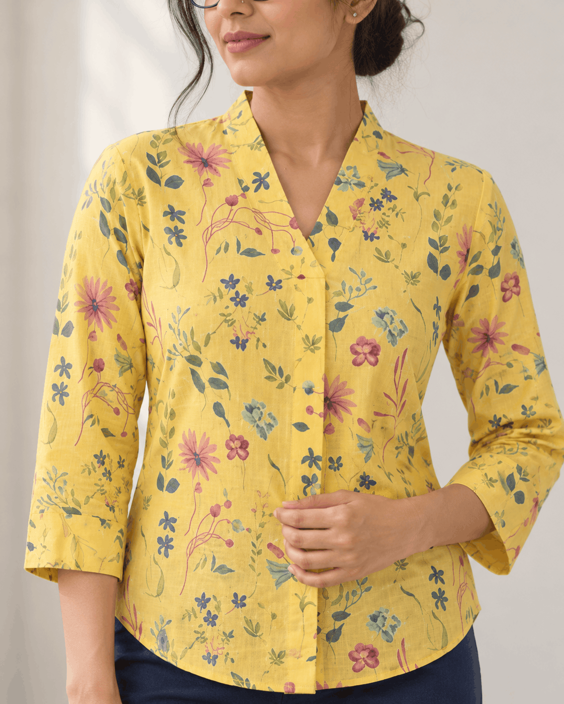 Marigold Meadow Yellow Floral Cotton V-Neck Top
