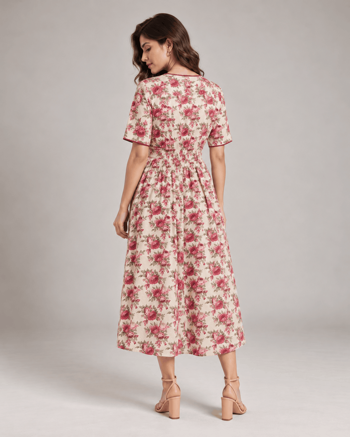 Vintage Rose Beige Floral Cotton Wrap Midi Dress