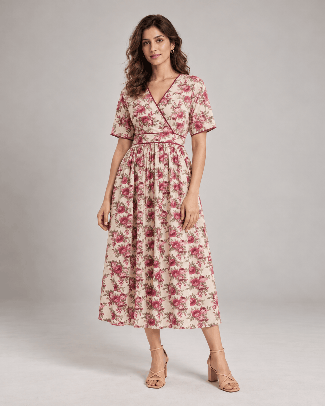 Vintage Rose Beige Floral Cotton Wrap Midi Dress