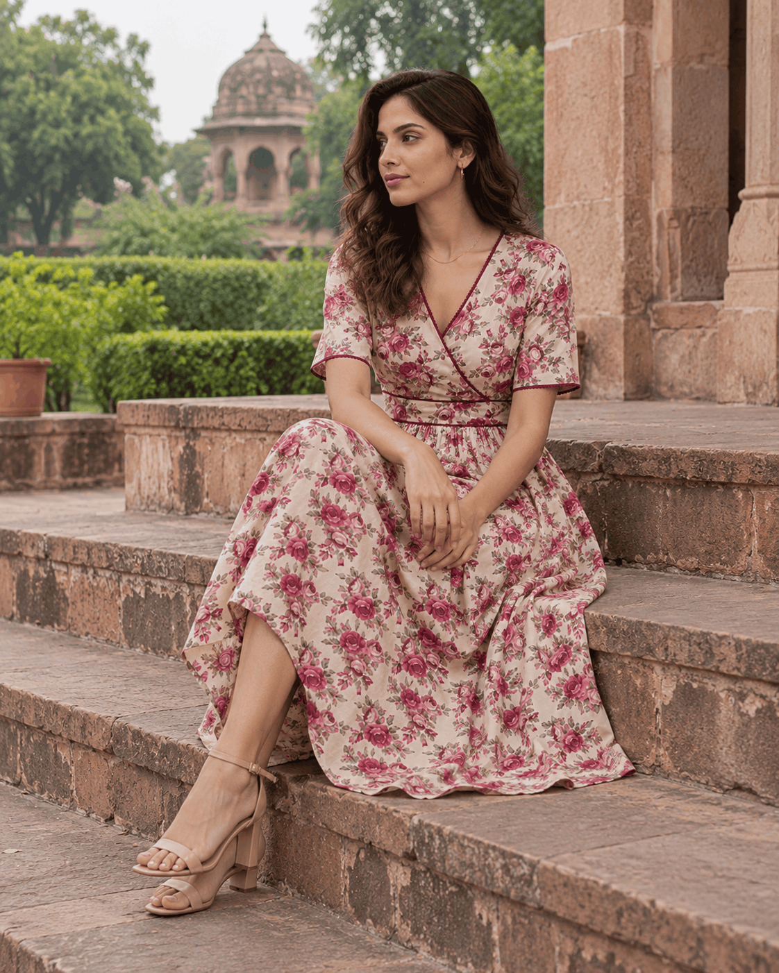 Vintage Rose Beige Floral Cotton Wrap Midi Dress