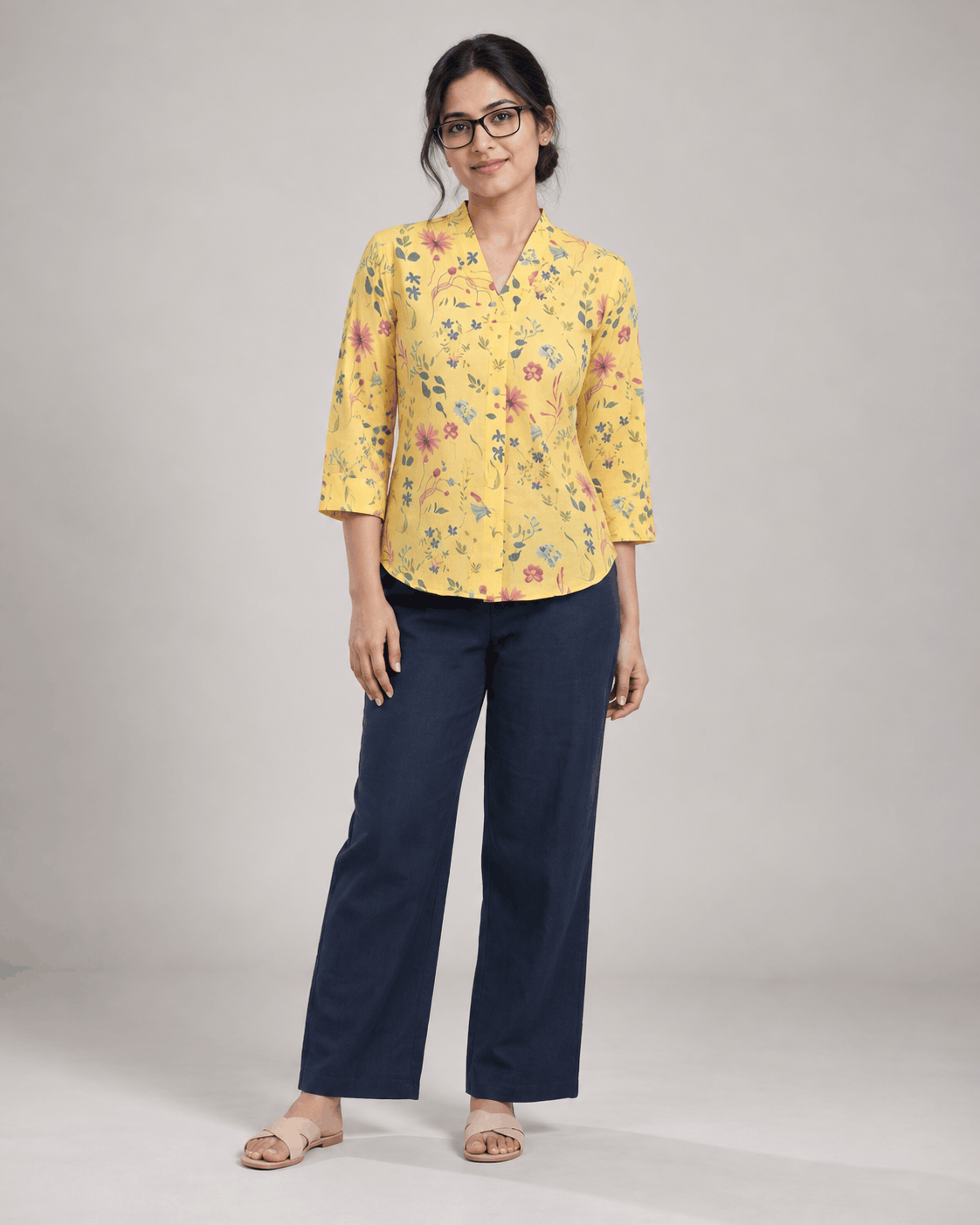 Marigold Meadow Yellow Floral Cotton V-Neck Top