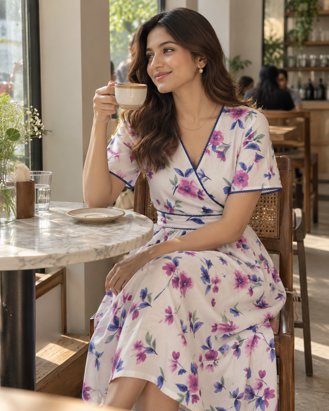 Enchanted Bloom White Floral Cotton Wrap Midi Dress