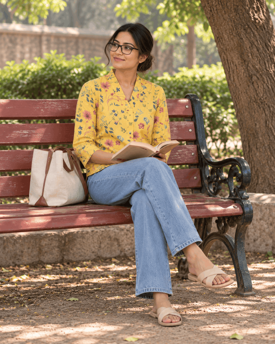 Marigold Meadow Yellow Floral Cotton V-Neck Top
