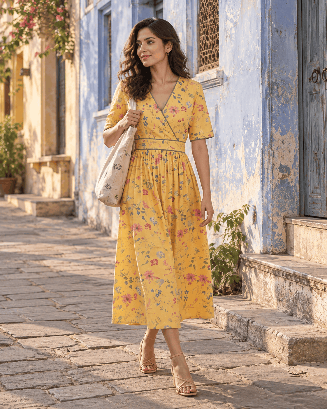Woman walking down an old blue-walled lane in yellow floral cotton midi dress