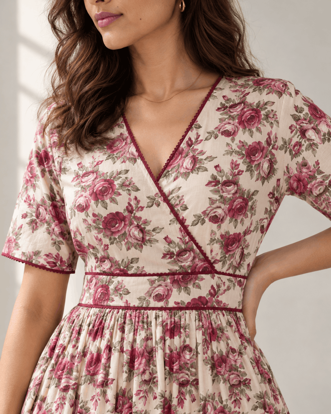 Vintage Rose Beige Floral Cotton Wrap Midi Dress
