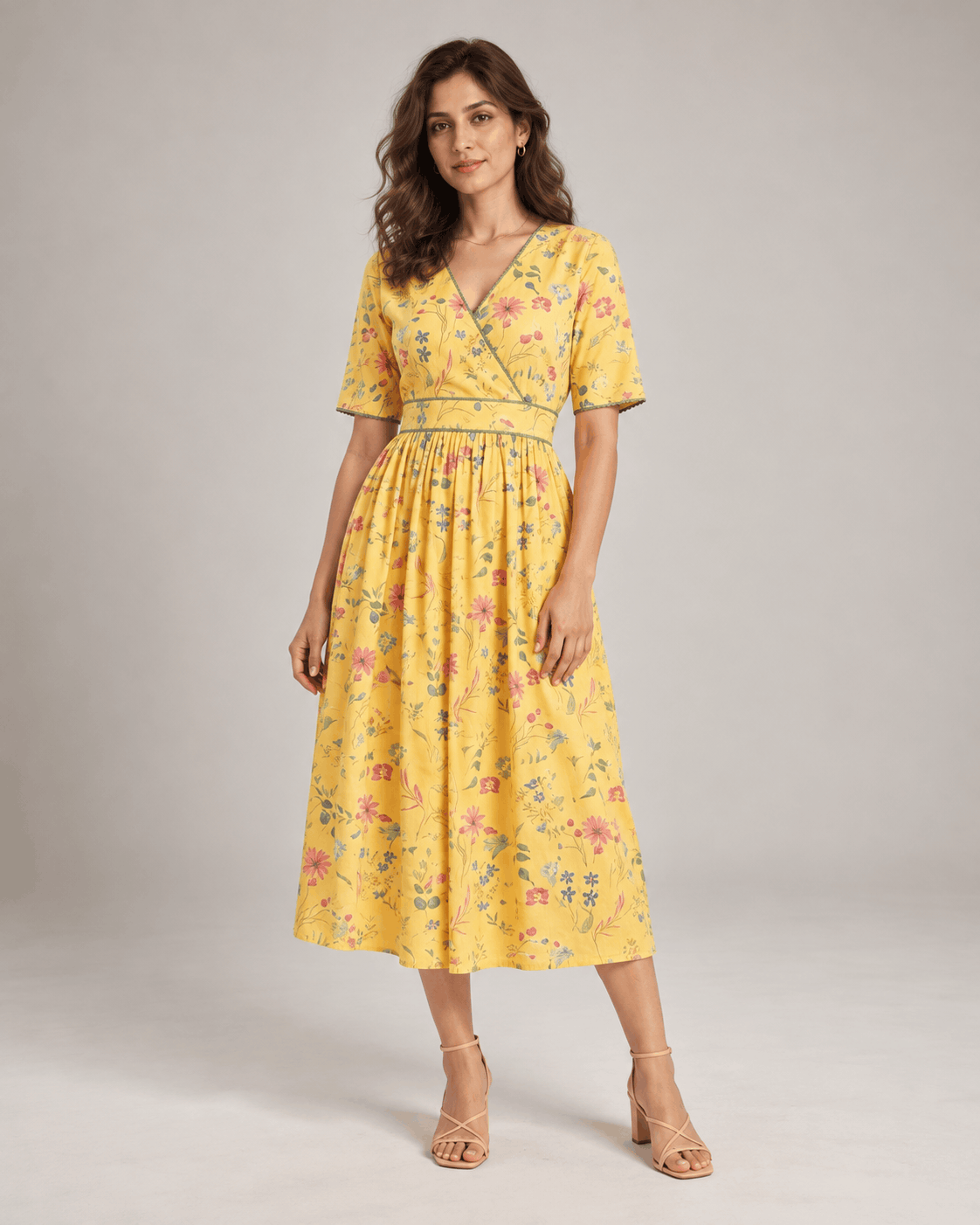 Marigold Meadow Yellow Floral Cotton Wrap Midi Dress